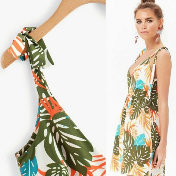 Tropical Foliage Leaf Print Tie Shoulder Dress - Picture 2 of 4